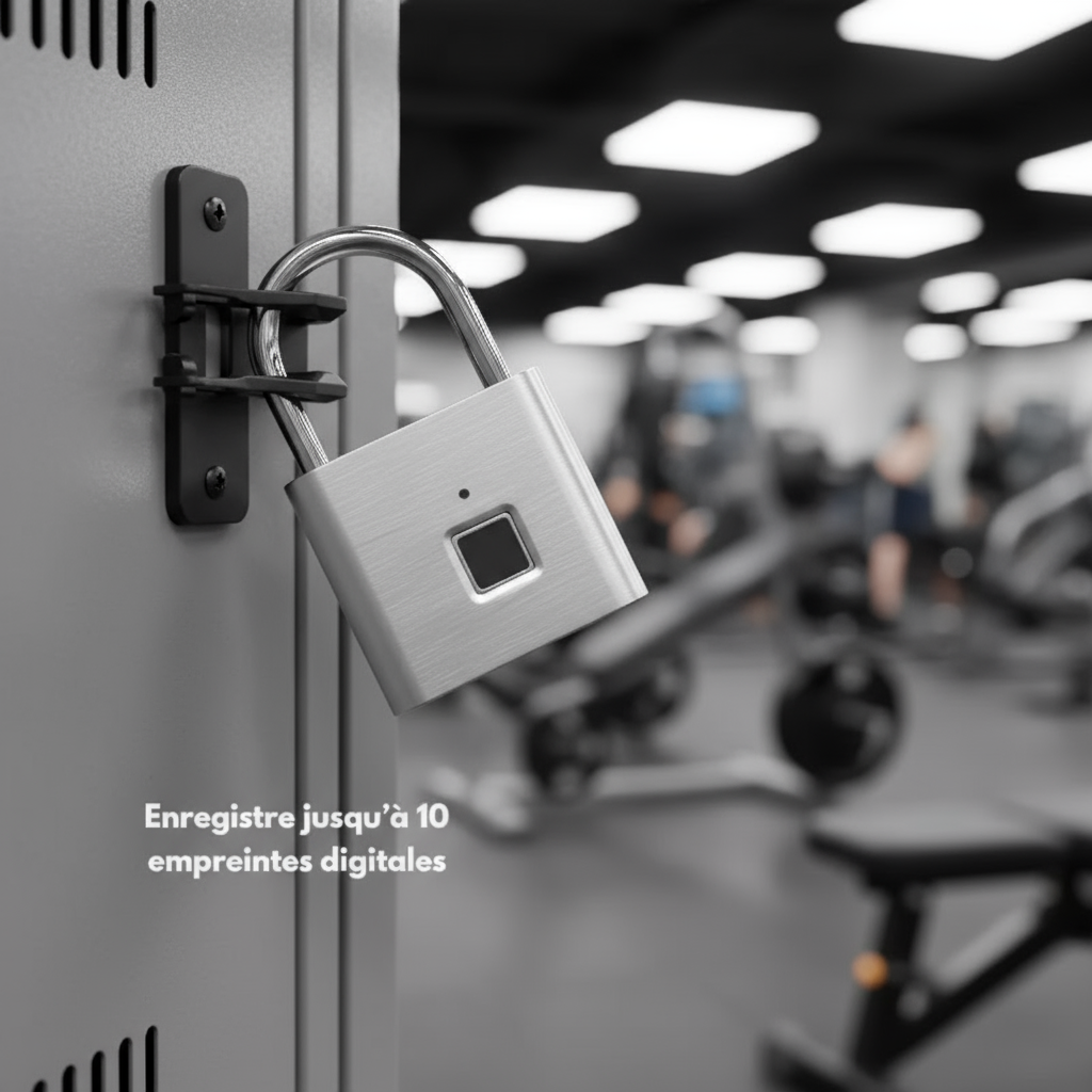 Fingerprint lock attached to a suitcase with text indicating fingerprint registration capacity.