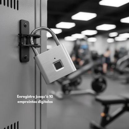 Fingerprint lock attached to a suitcase with text indicating fingerprint registration capacity.